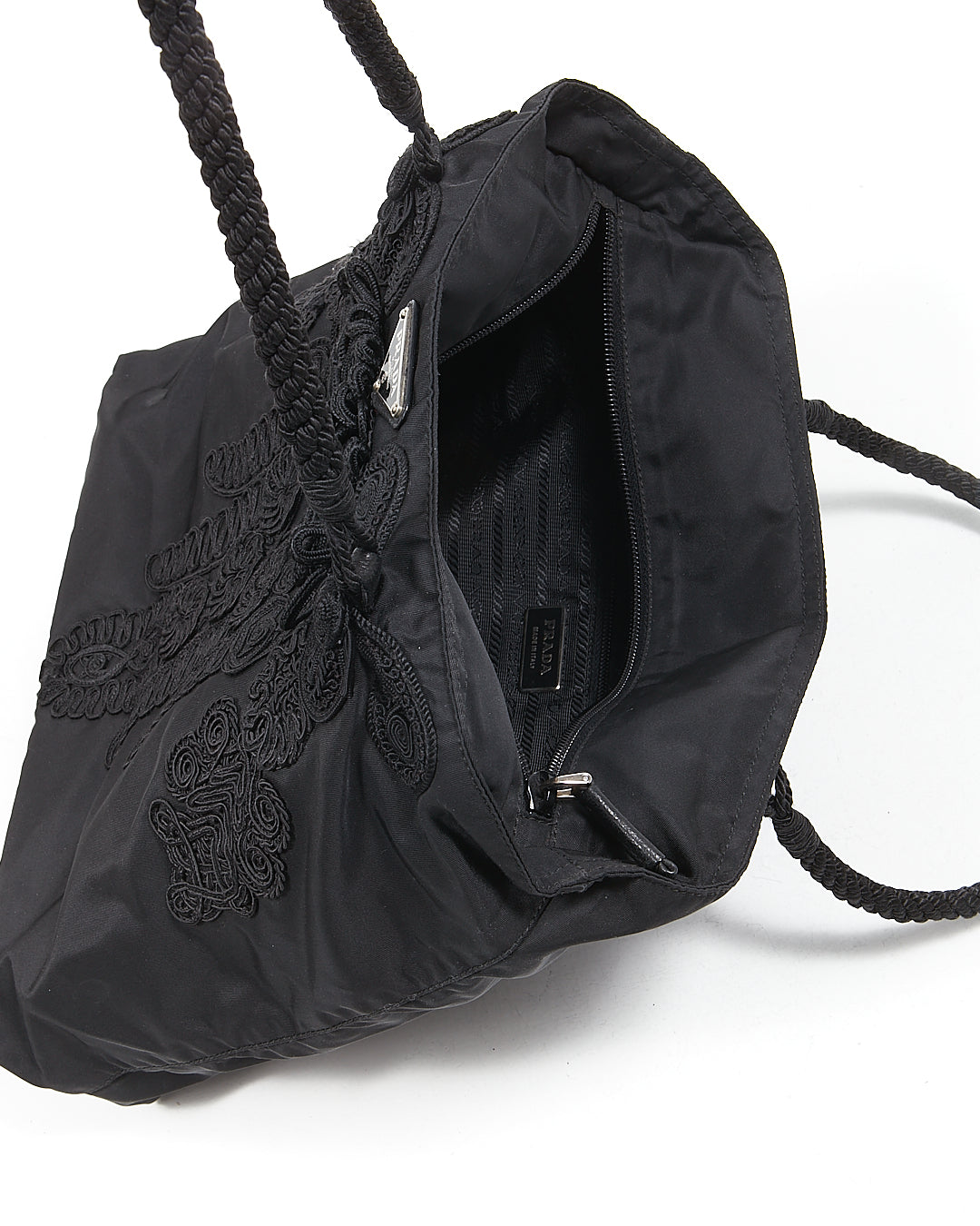 Prada Black Nylon Tessuto Embroidered Tote bag