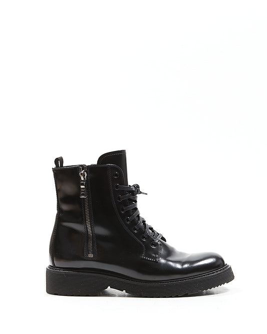 Prada Black Shiny Leather Combat Zip Lace Up Boots - 38.5