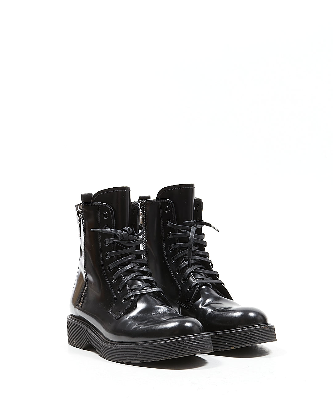 Prada Black Shiny Leather Combat Zip Lace Up Boots - 38.5