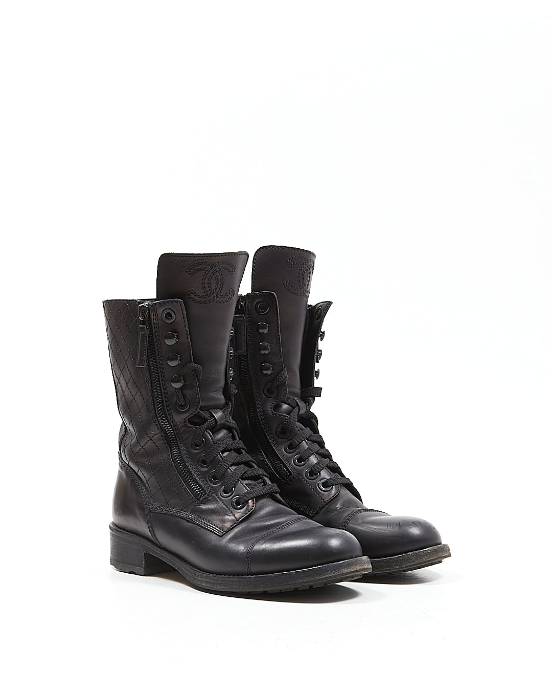 Chanel Black Leather Quilted CC Logo Combat Boot - 39