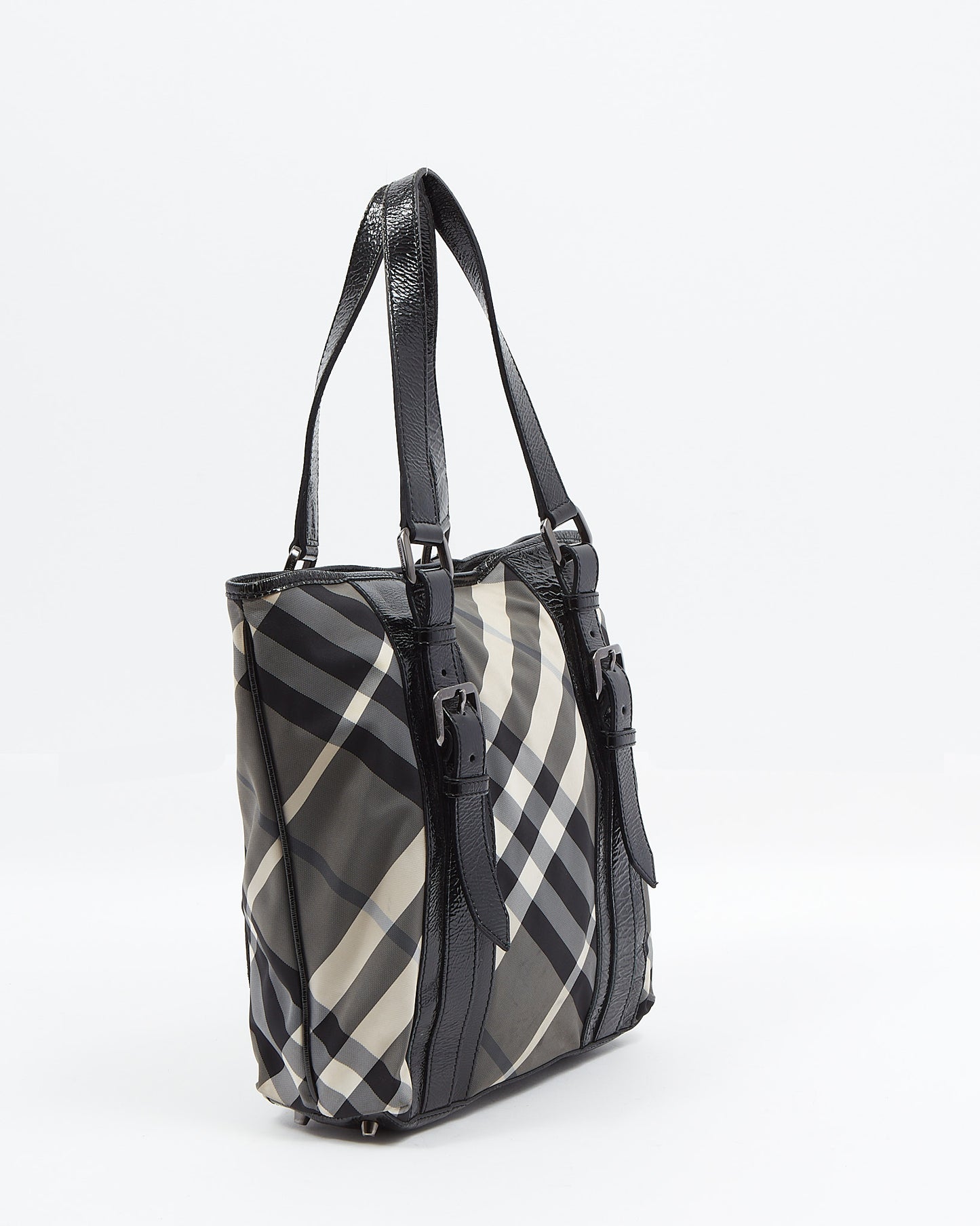 Burberry - Sac fourre-tout en toile et cuir verni Nova Check gris