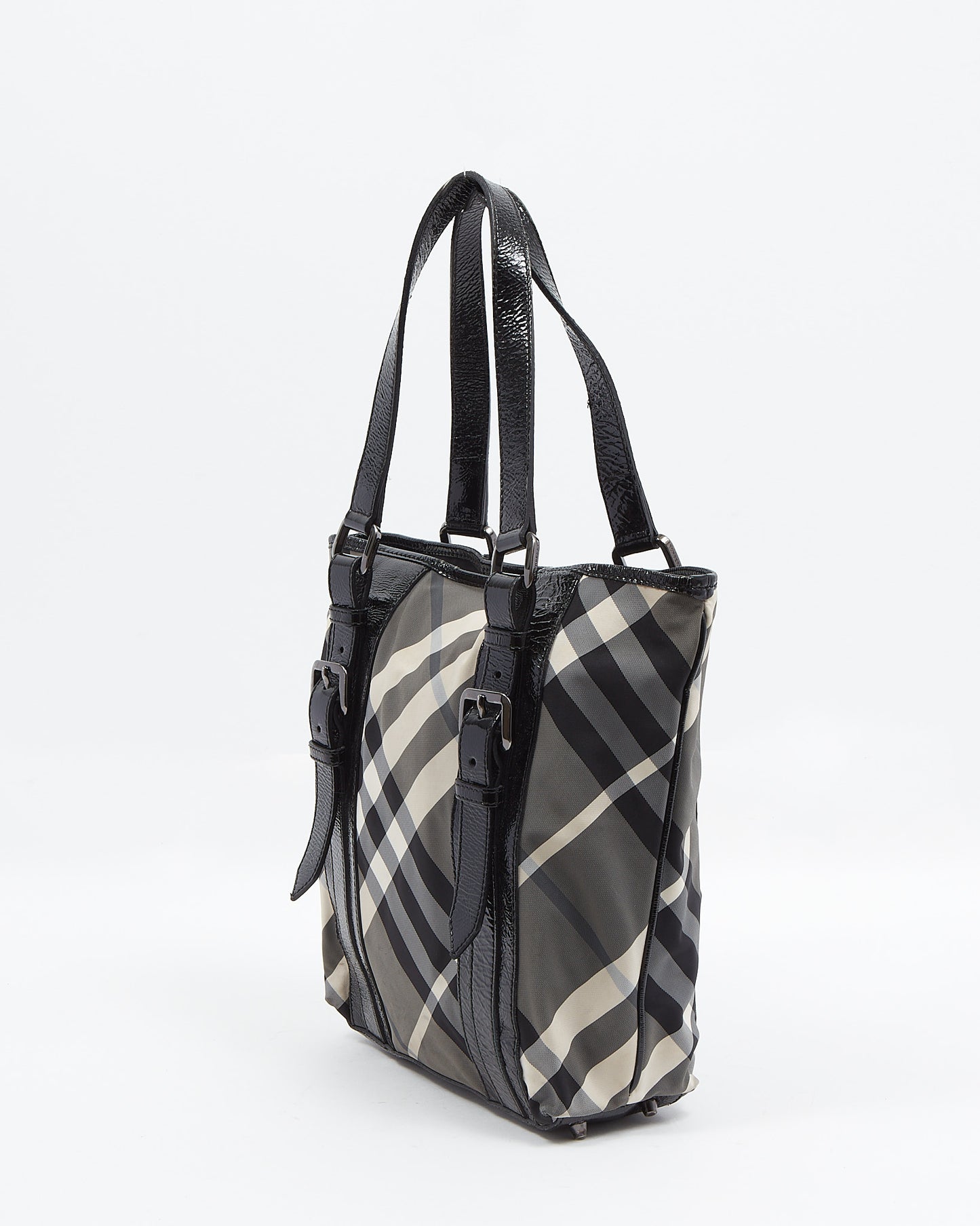 Burberry - Sac fourre-tout en toile et cuir verni Nova Check gris