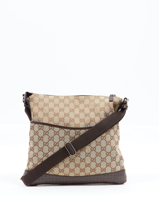 Gucci Brown GG Canvas Perforated Leather Flat Crossbody Bag