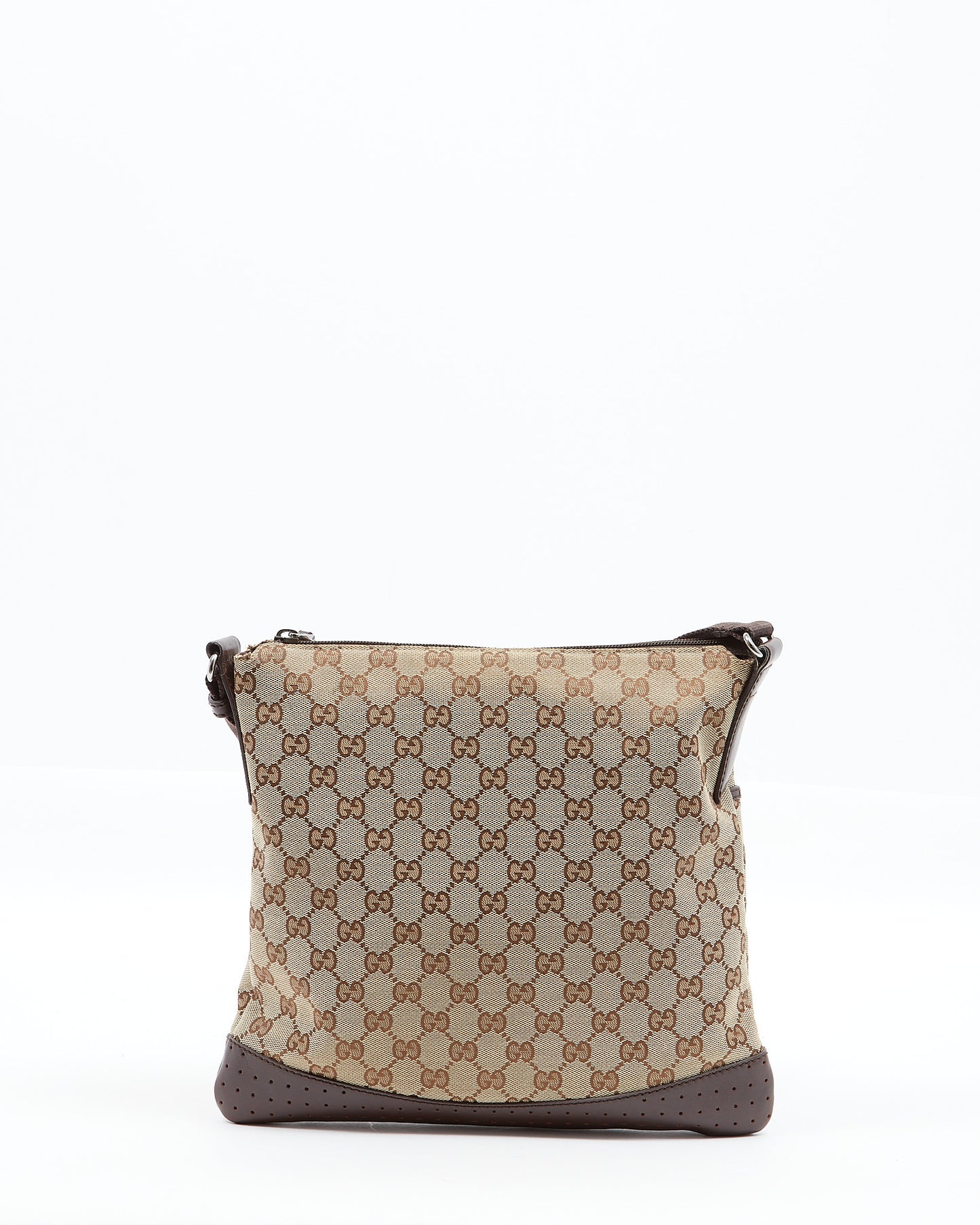 Sac à bandoulière plat en cuir perforé en toile marron GG Gucci