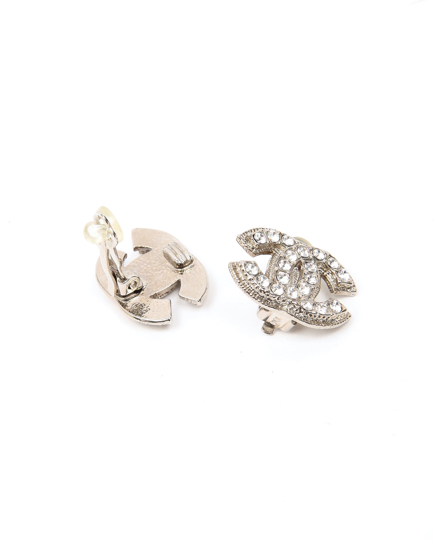 Chanel CC Interlocking Silver Tone Crystal Logo Earrings