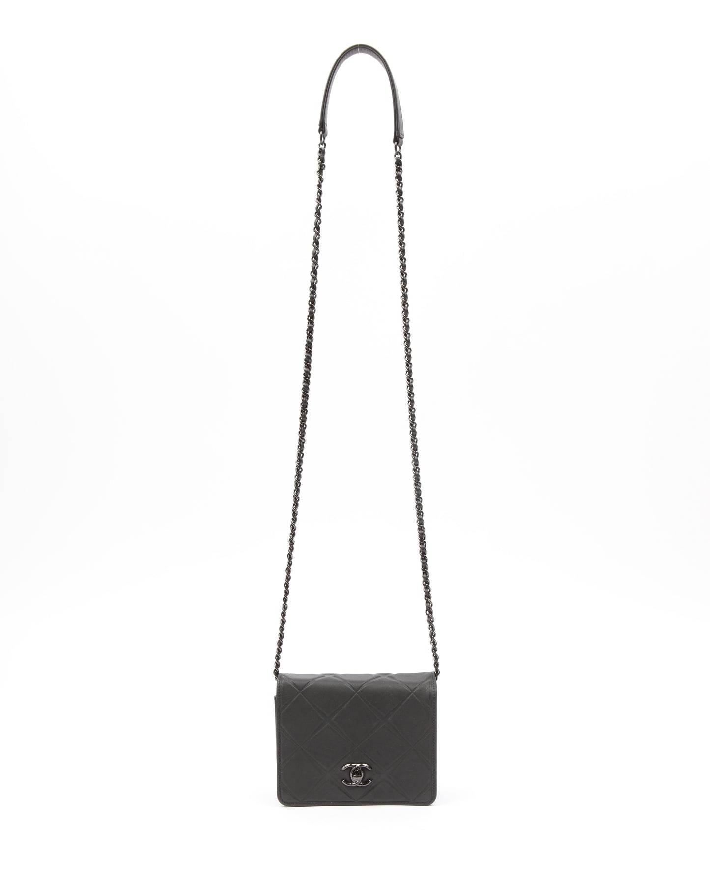 Chanel All Black Propeller Leather Square Very Debossed Chain Crossbody Bag