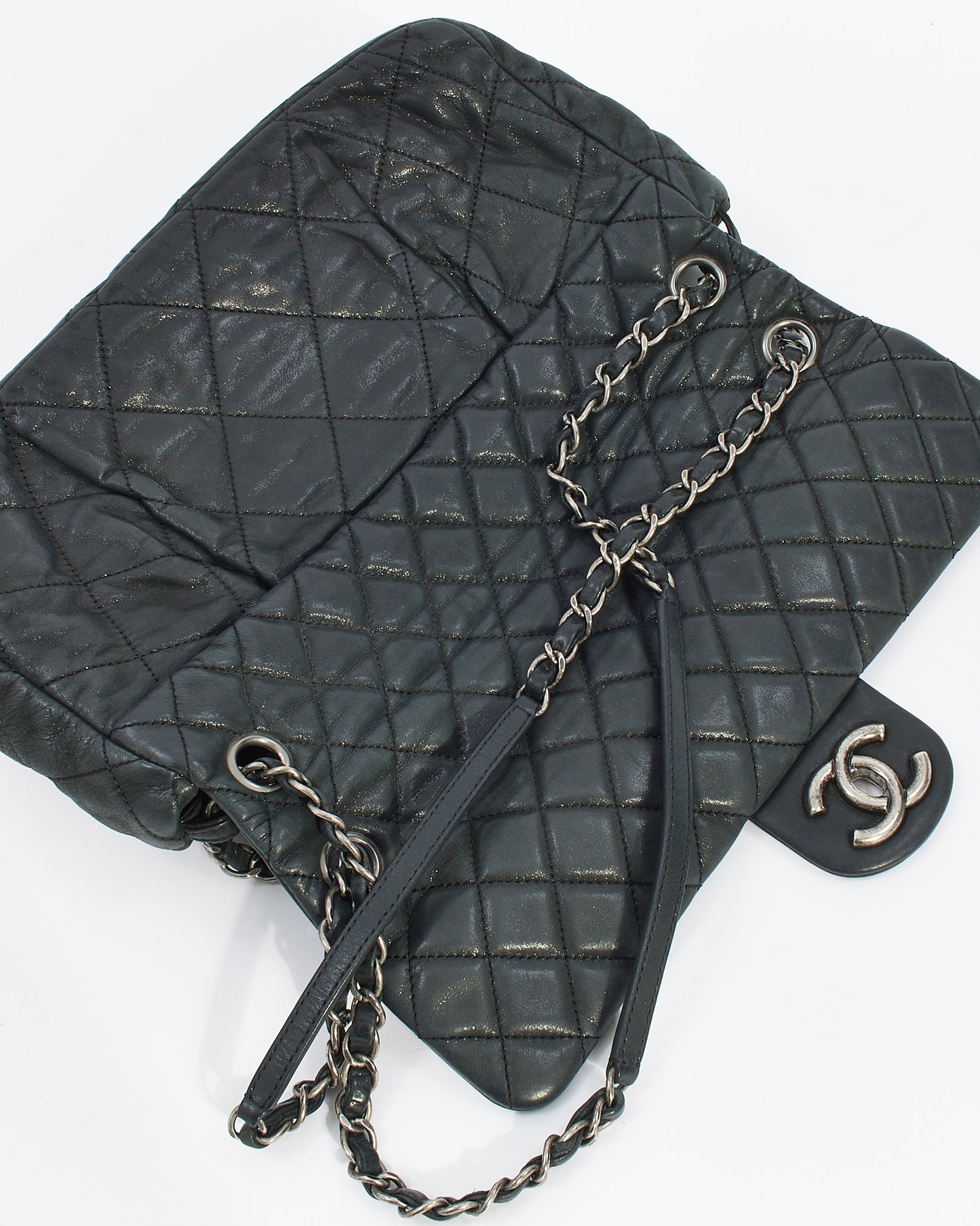 Chanel Black Quilted Iridescent Leather East West Single Flap Bag