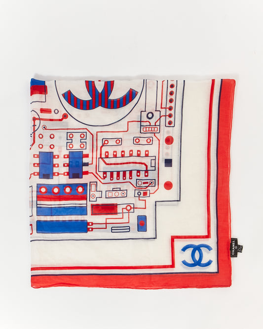 Chanel White/Blue/Red Electric Circuit Cotton Square Scarf
