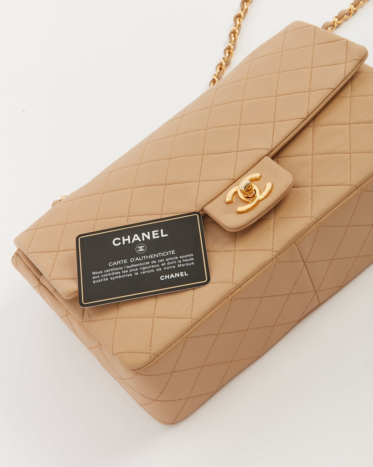 Chanel Vintage Beige Lambskin Medium Single Flap Shoulder Bag GHW