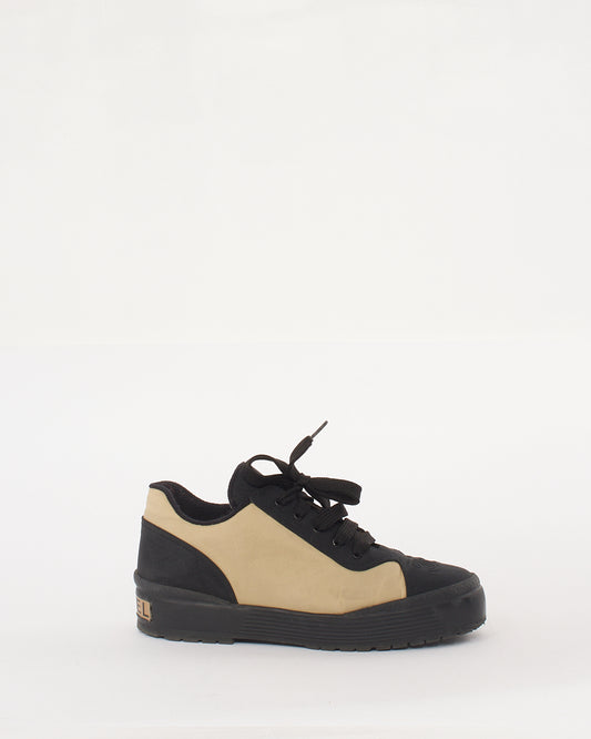 Chanel Beige and Black Nylon Low Top Sneakers With CC Logo - 37