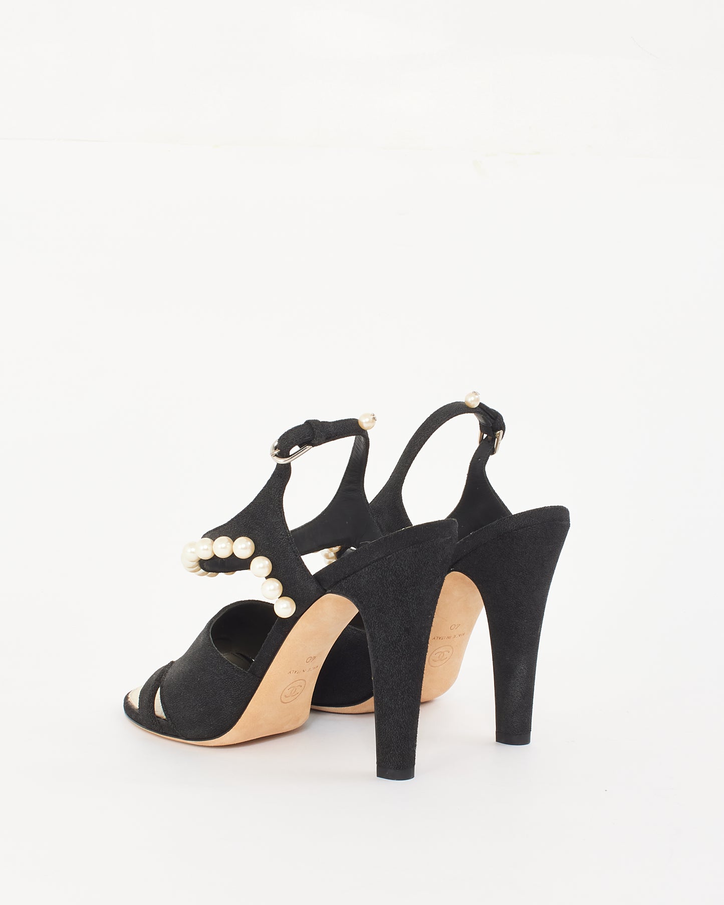 Chanel Black Suede Pearl Embellishment Sandals - 40