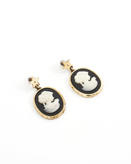 Dior Black Enamel Renaissance Woman Portrait Pendant Earrings