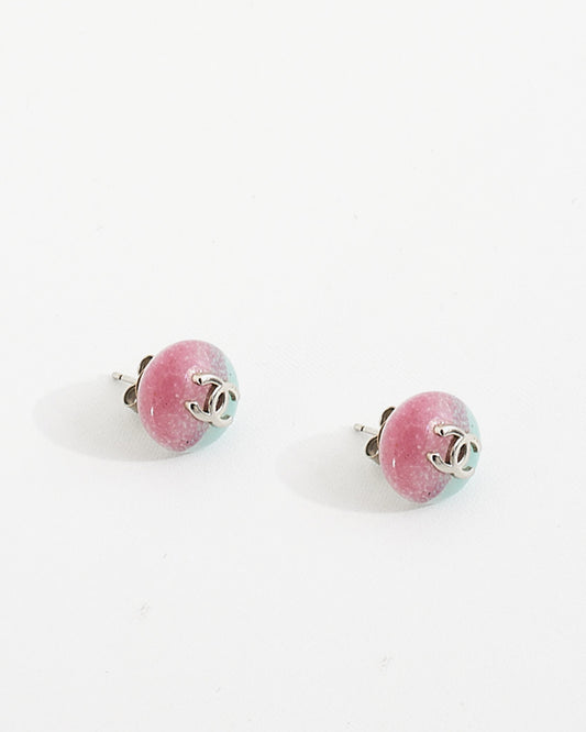 Chanel Silver/Pink/Blue CC Stud Earrings