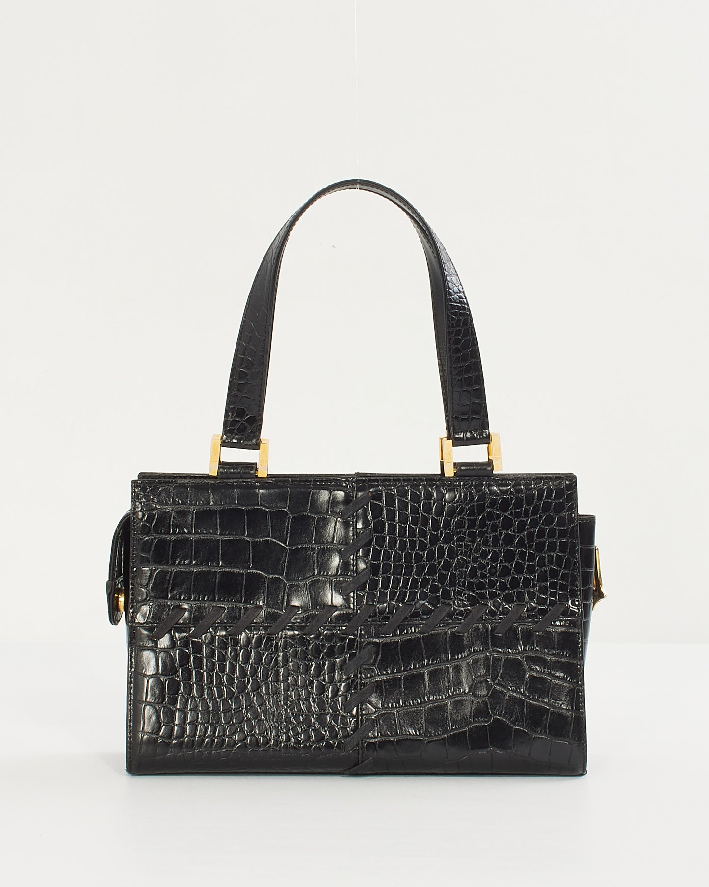 Saint Laurent Vintage Black Croc Embossed Leather Top Handle Bag