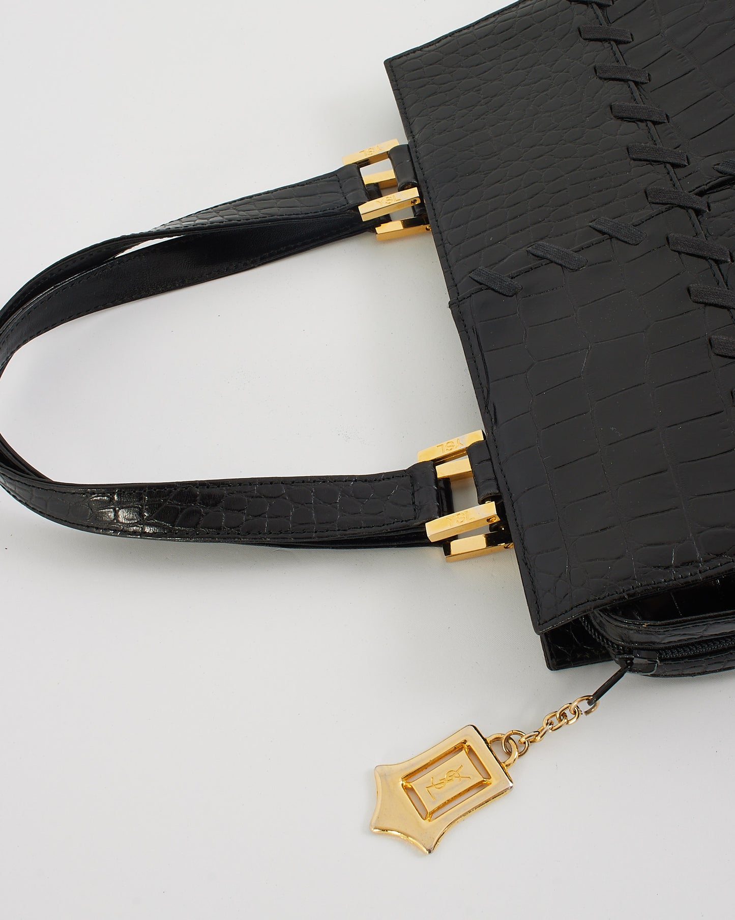 Saint Laurent Vintage Black Croc Embossed Leather Top Handle Bag