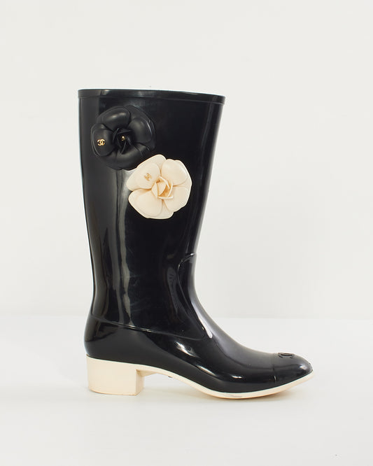 Chanel Black/Cream Rubber Camellia Flower Rain Boots - 38