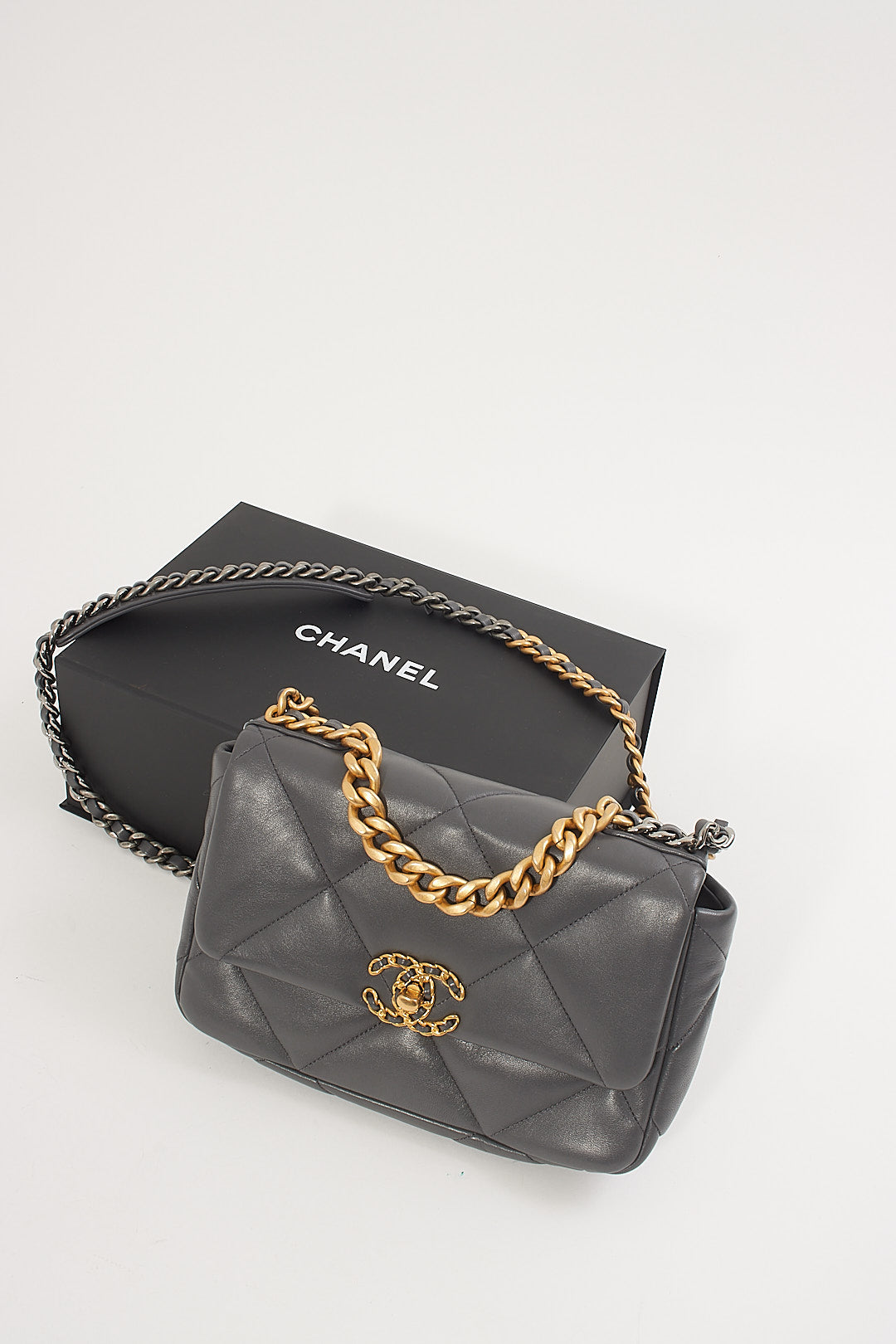Chanel Grey Lambskin Leather Medium 19 Flap Chain Bag