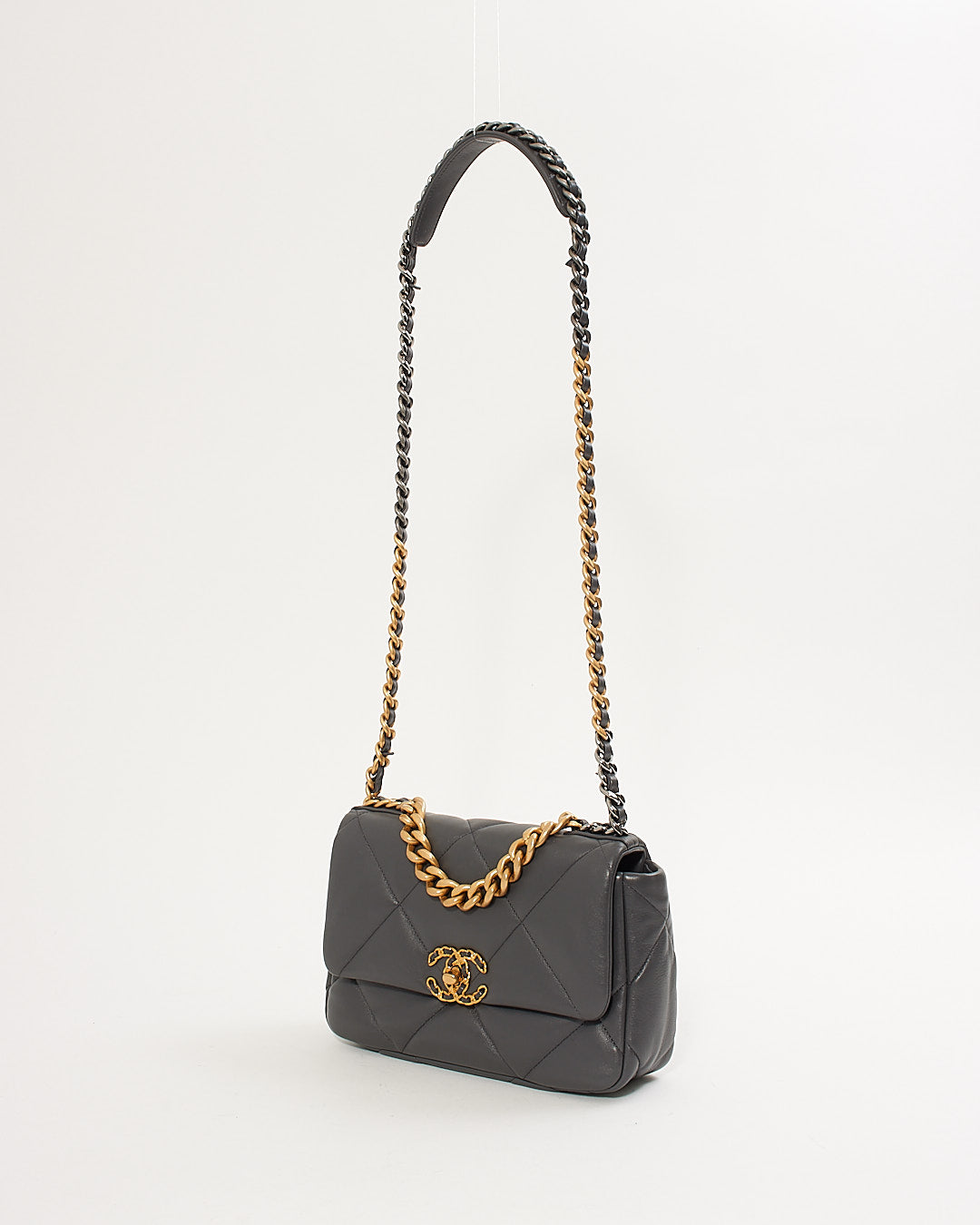 Chanel Grey Lambskin Leather Medium 19 Flap Chain Bag
