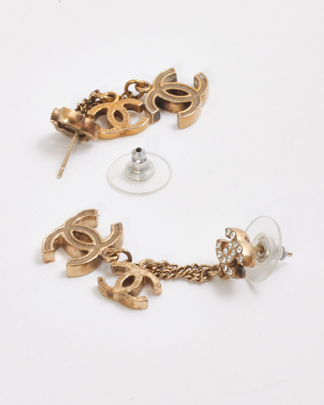Chanel Antique Gold Tone Triple CC Interlocking Logo Earrings