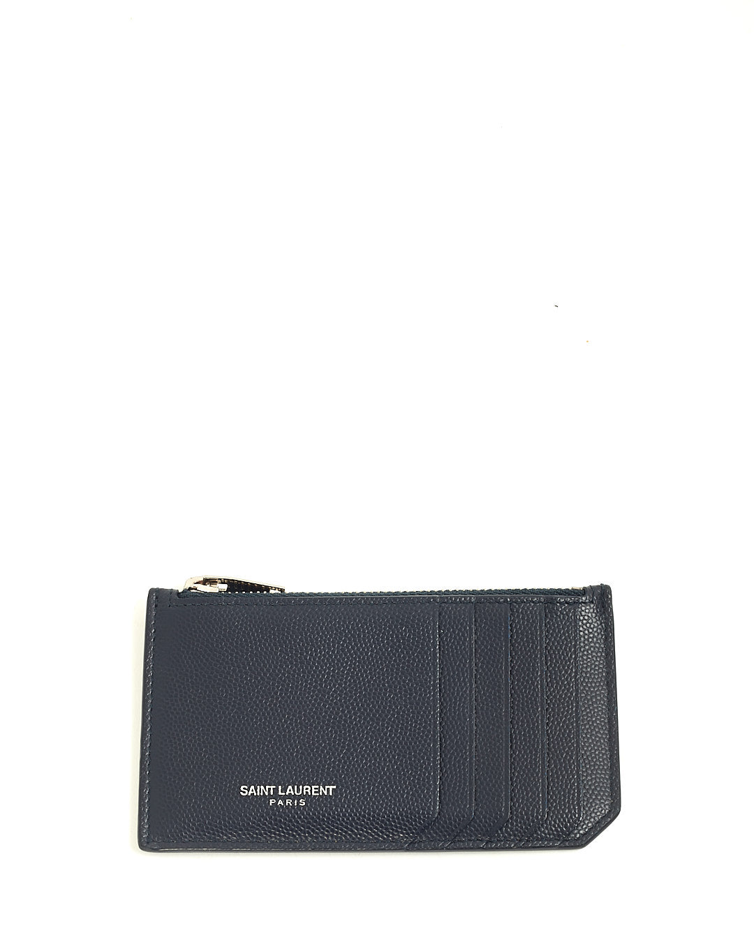Saint Laurent Navy Grained Leather Zip Card Holder