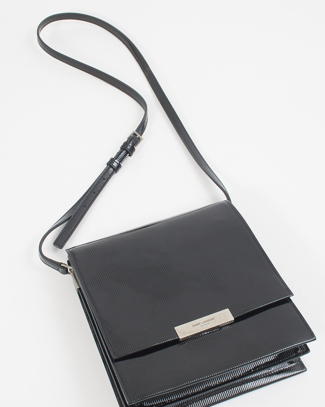 Saint Laurent Black Patent Leather Stripe Embossed Square Crossbody Bag