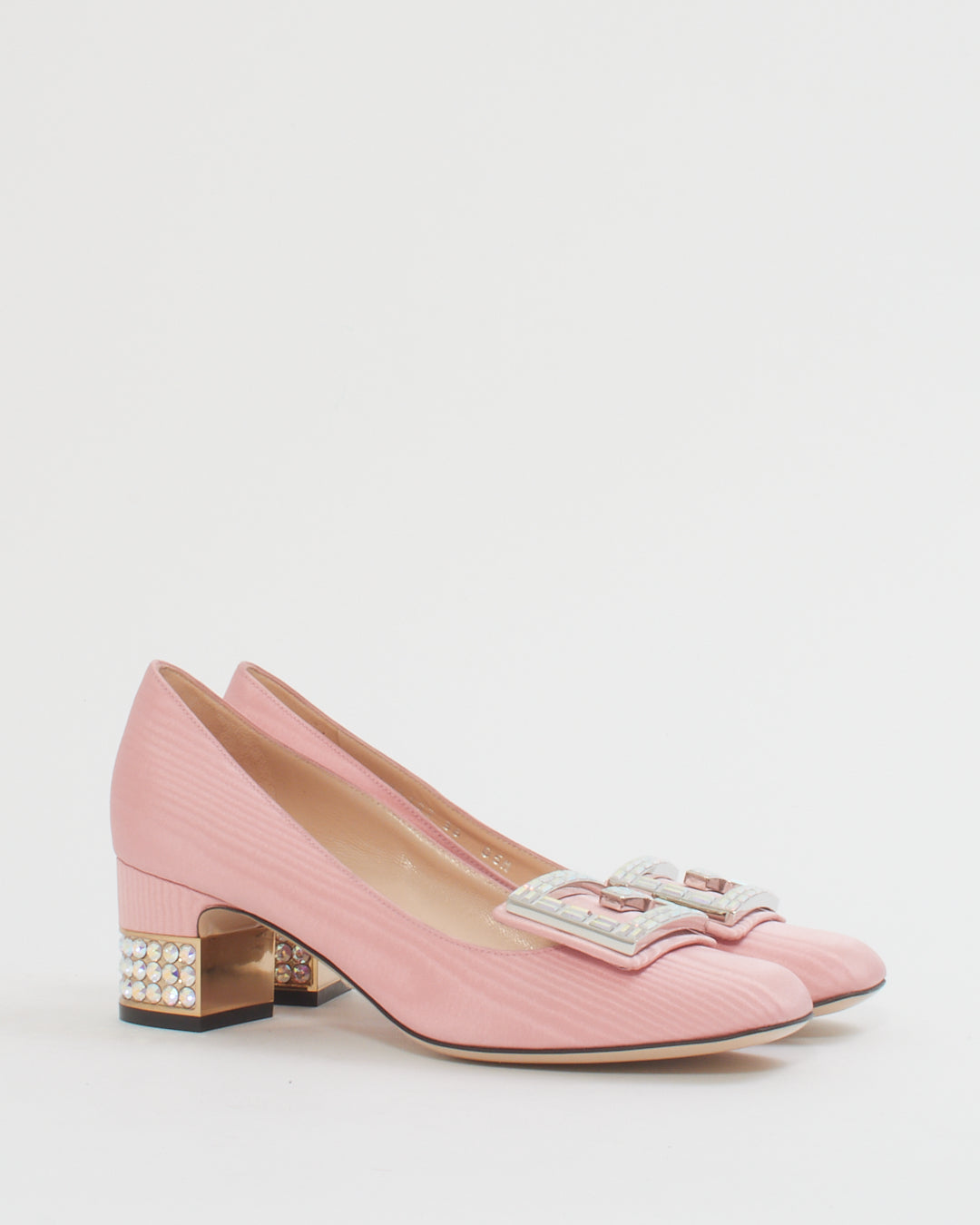 Gucci Pink Moire Fabric Crystal G Madelyn Mid-Heel Pumps