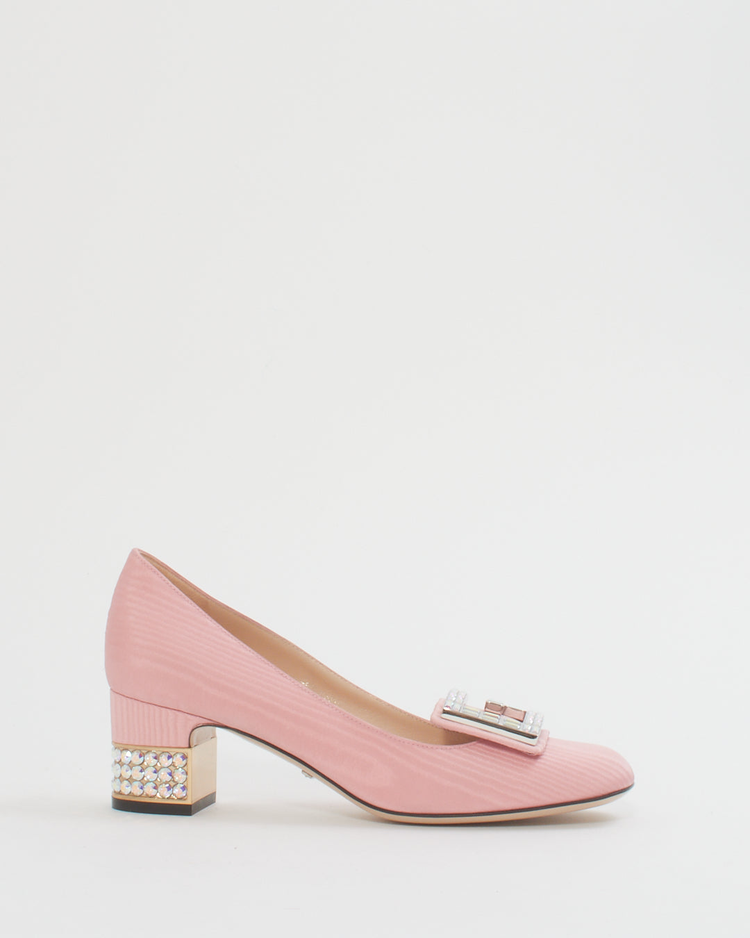 Gucci Pink Moire Fabric Crystal G Madelyn Mid-Heel Pumps