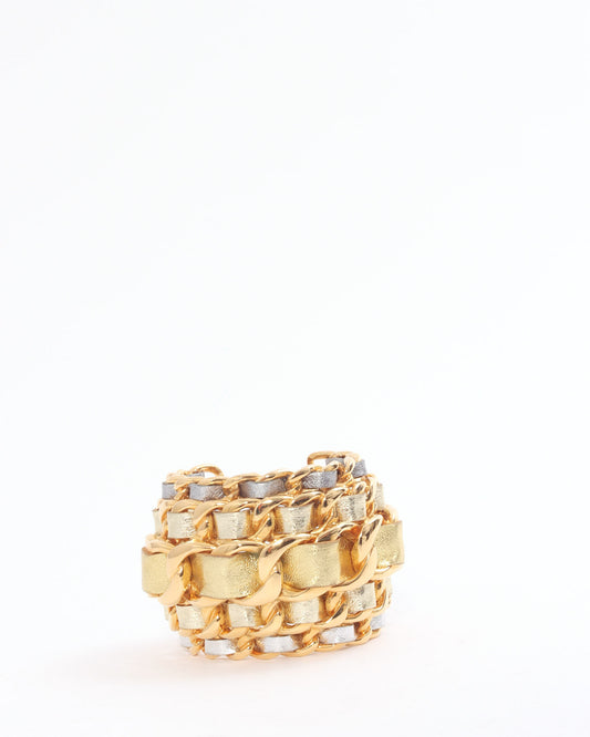 Chanel Vintage Gold/Silver Metallic Woven Leather Chain Cuff