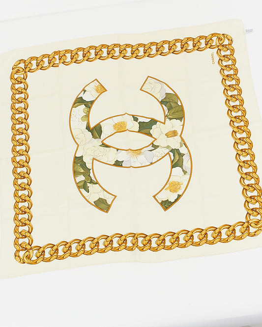 Chanel Cream Floral CC Interlocking Logo Silk Scarf