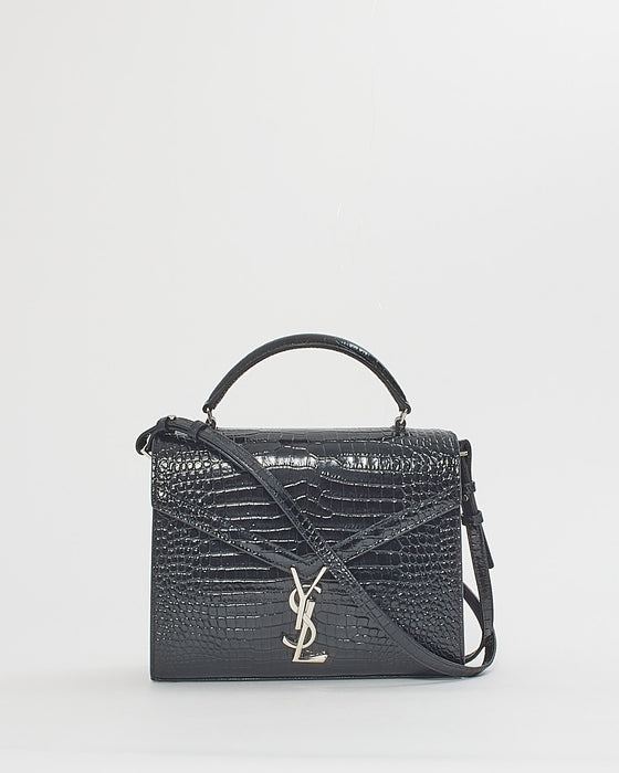 SAINT LAURENT Medium Cassandra Croc-effect Bag in Black