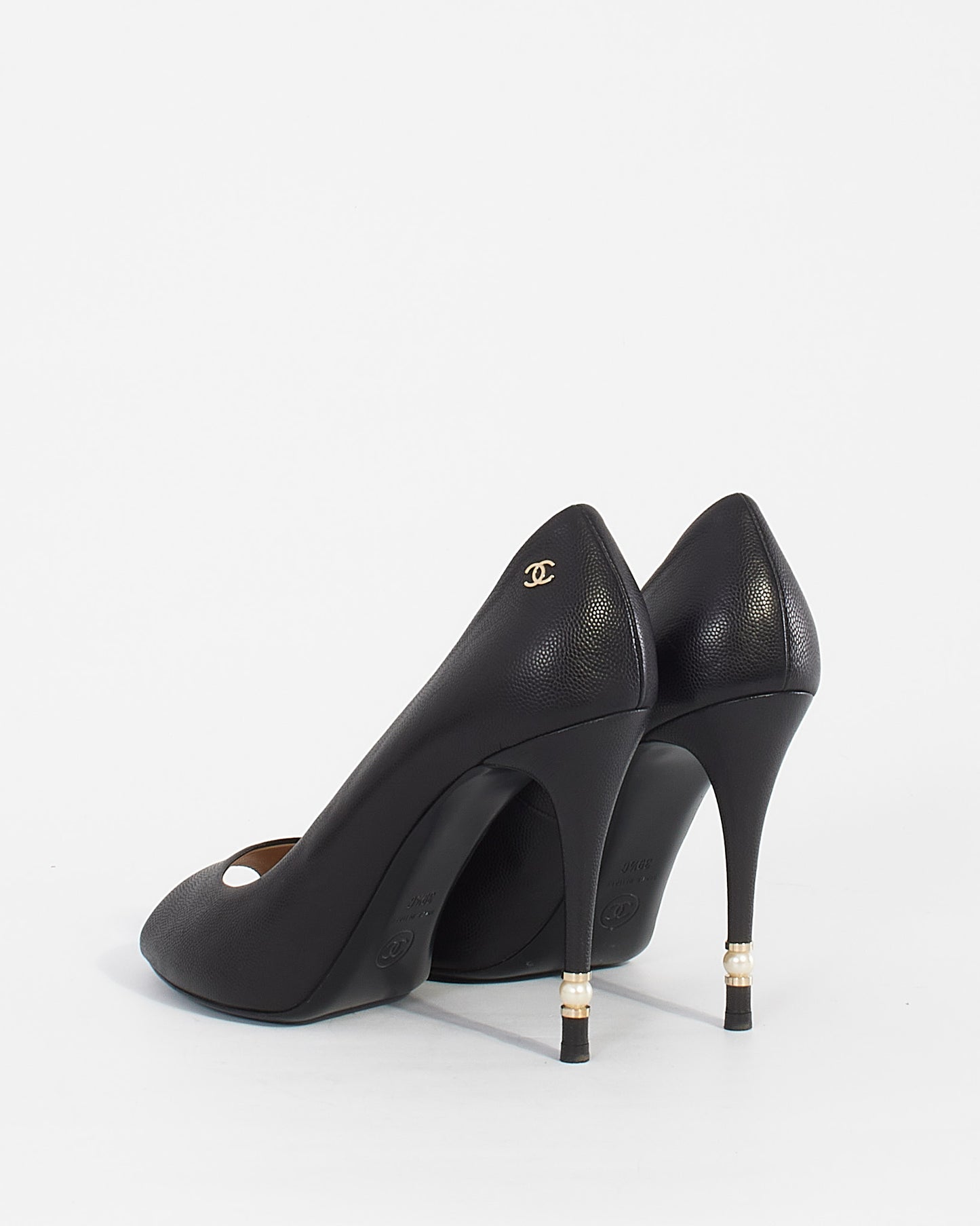 Chanel Black Leather CC Pearl Embellished Heel Peep Toe Pumps - 39.5