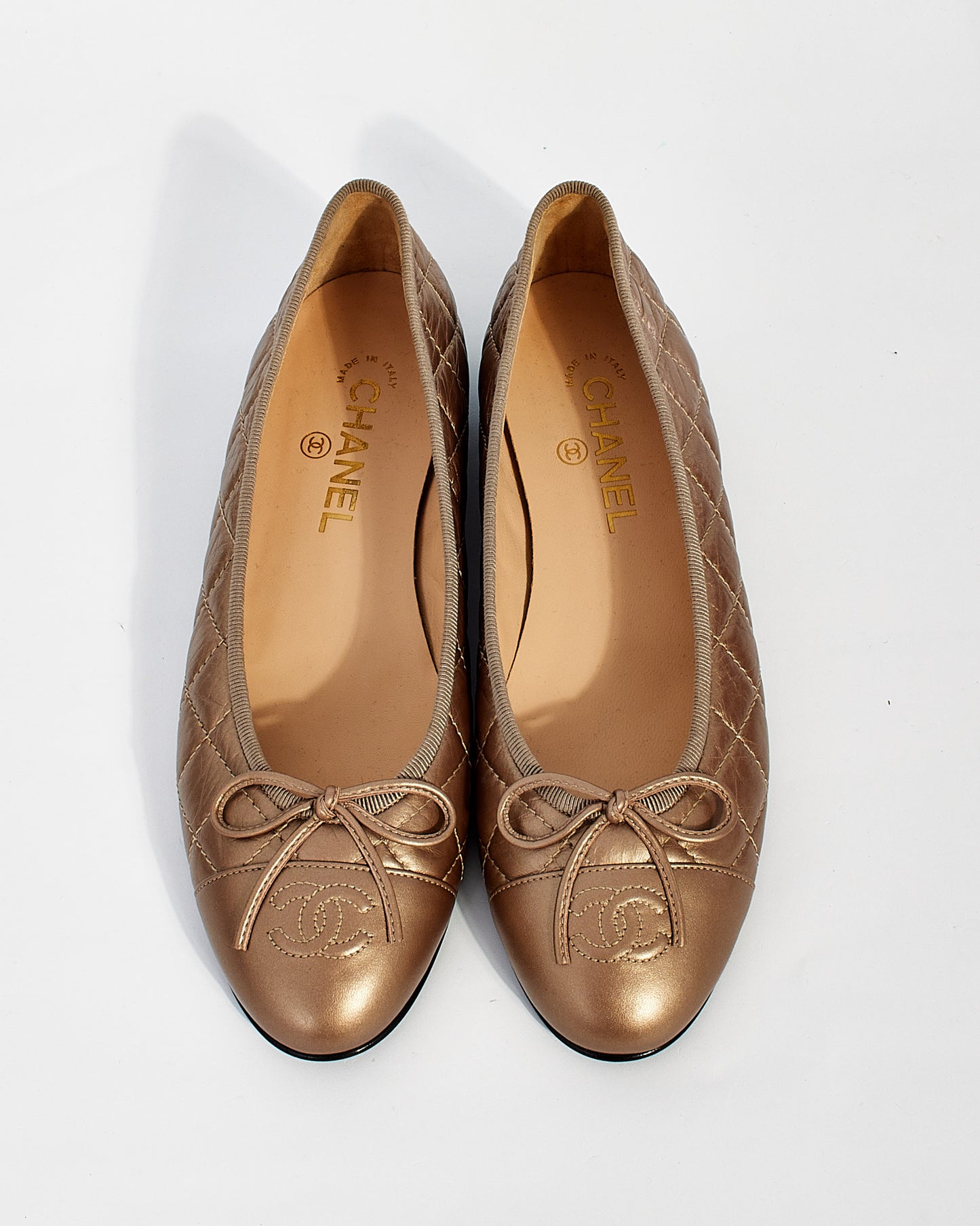 Chanel Metallic Bronze Quilted Leather CC Ballerina Flats - 39.5