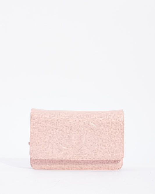 Chanel Pink Caviar Leather Timeless CC Wallet On Chain with Silver Hardware