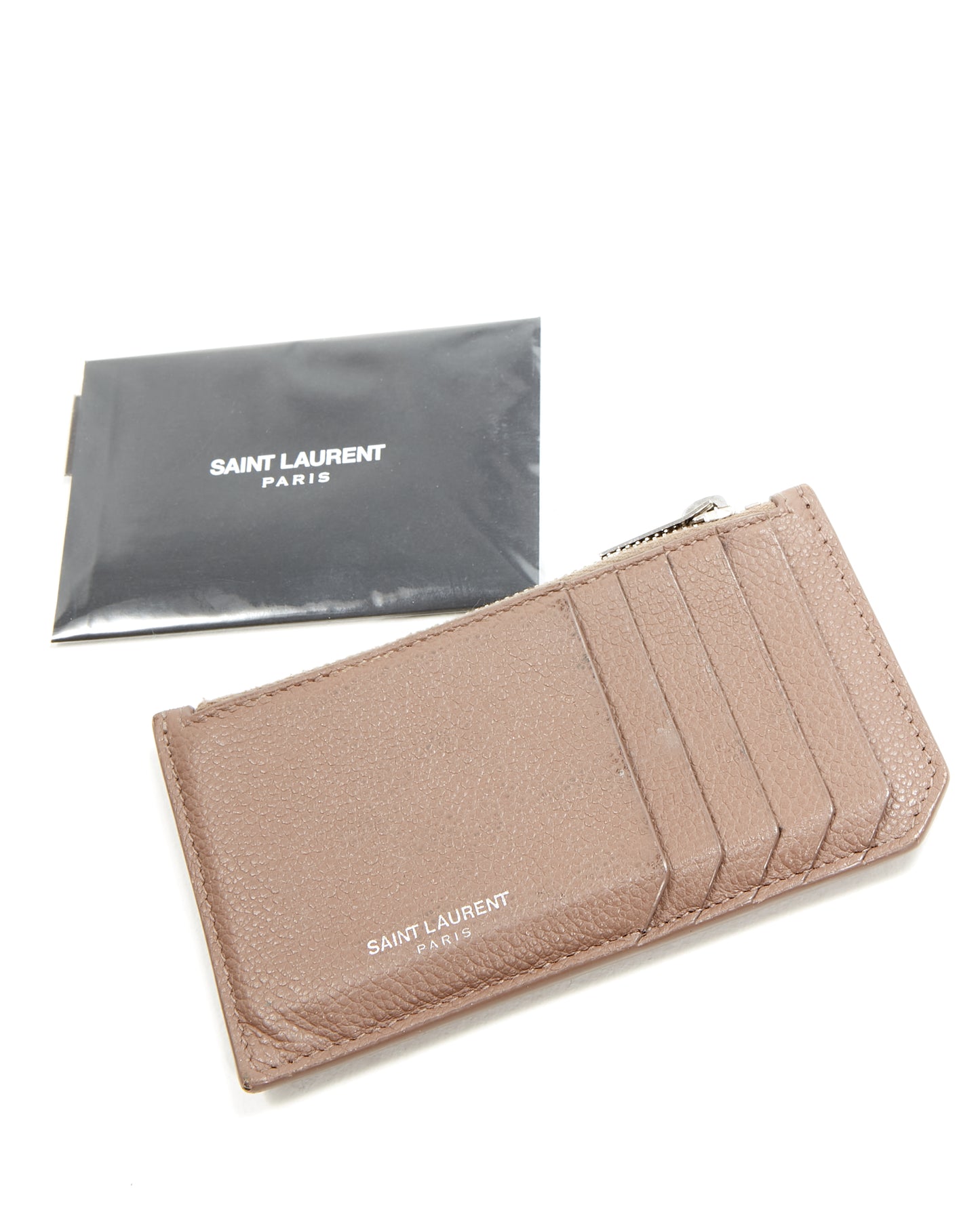Porte-cartes zippé en cuir taupe Saint Laurent