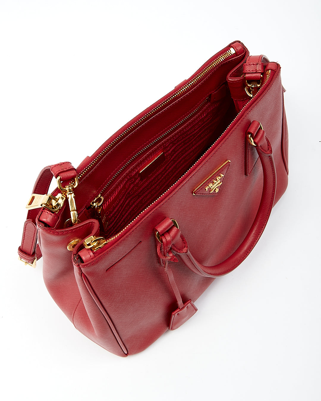 Petit sac fourre-tout Prada rouge Saffiano Lux à double fermeture éclair Galleria