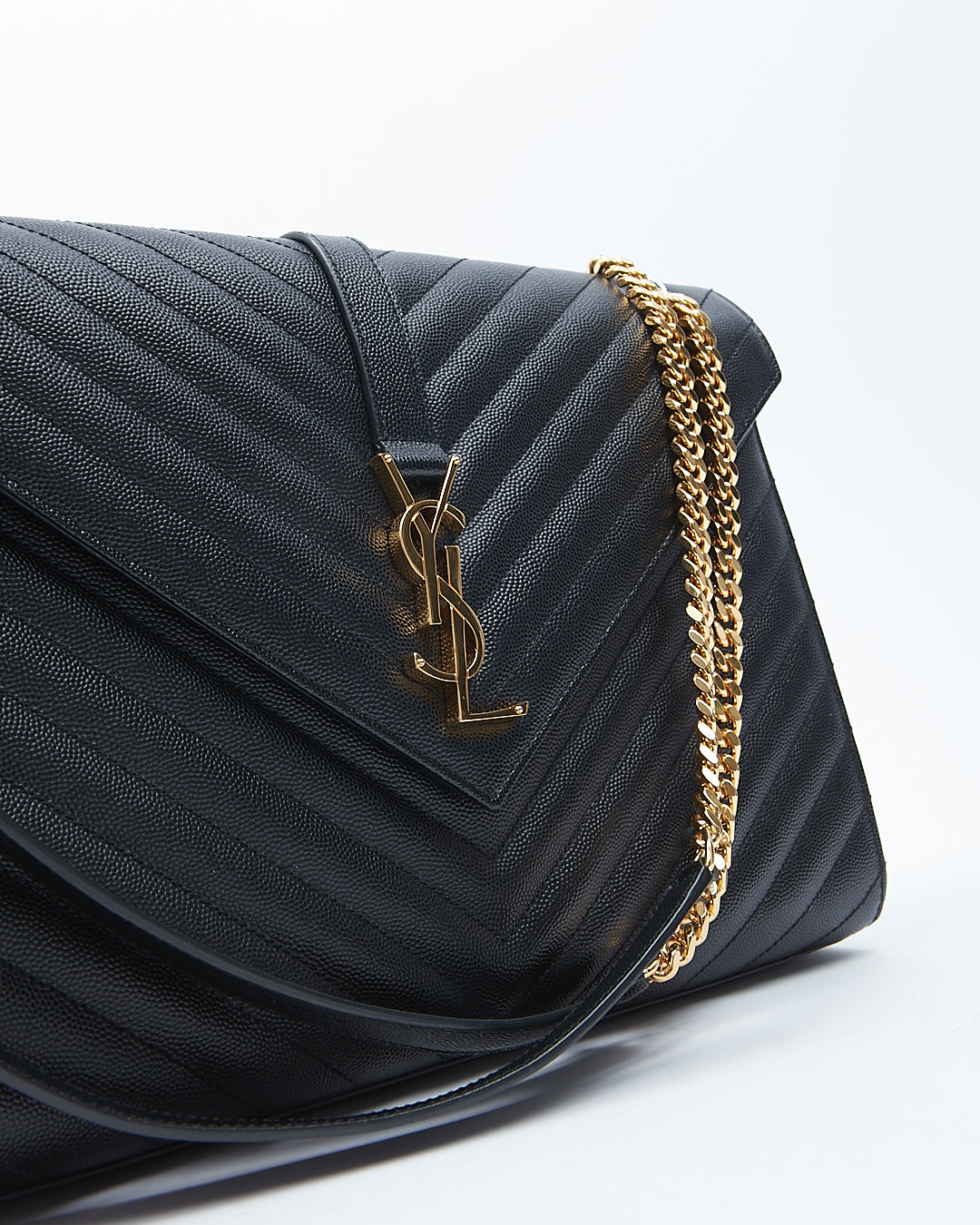 Saint Laurent Black Large Grain de Poudre Matelassé Monogram Envelope Bag