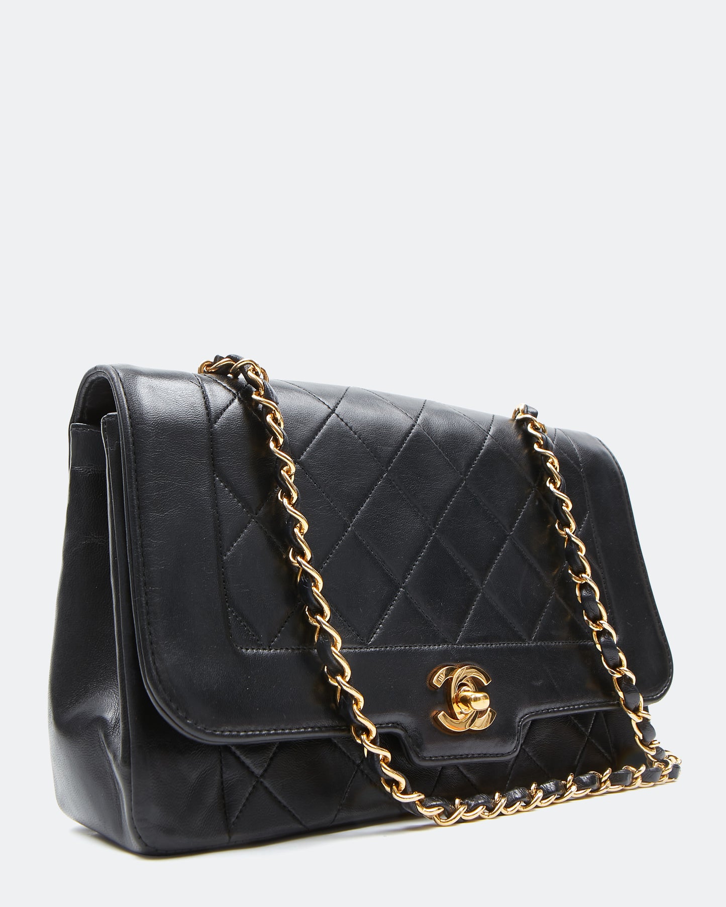 Chanel Black Lambskin Leather Quilted 24K Gold Diana Flap Bag