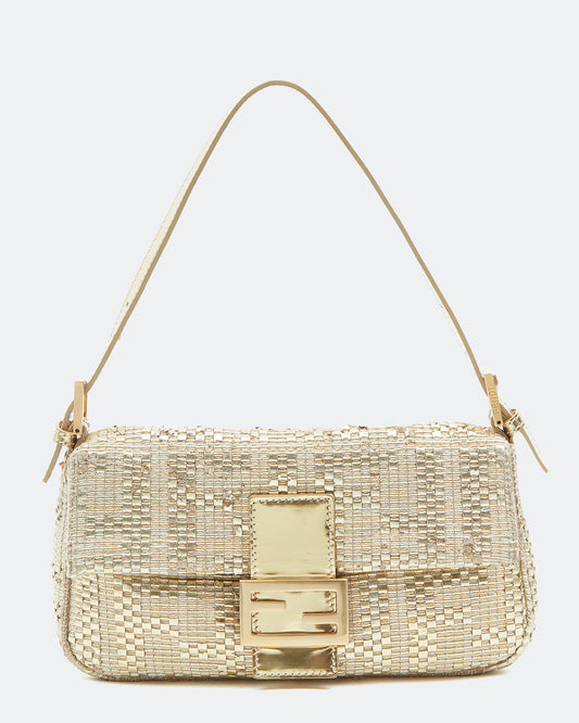 Fendi Gold Hemp / Leather Intrecciato Zucca Baguette Shoulder Bag