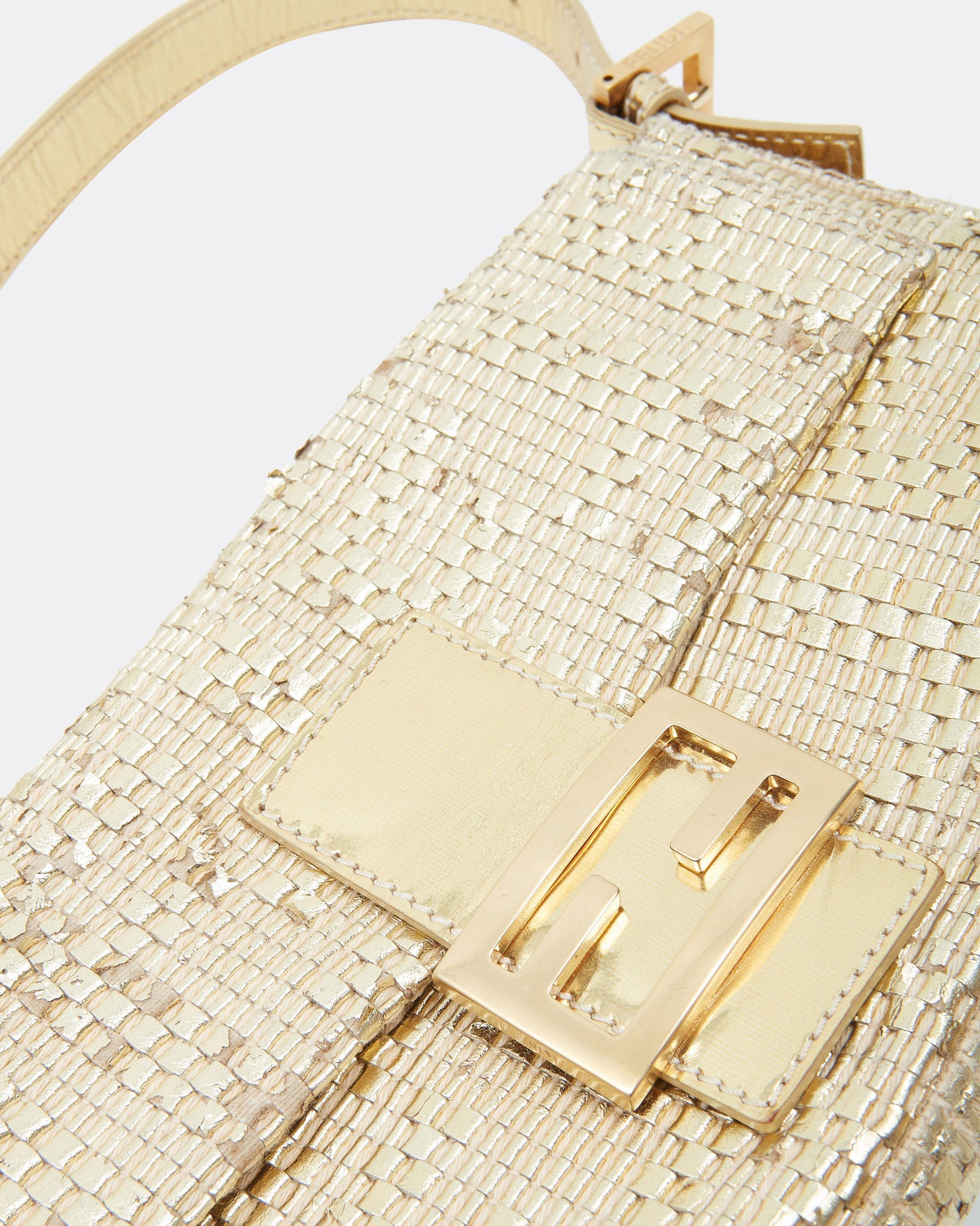 Fendi Gold Hemp / Leather Intrecciato Zucca Baguette Shoulder Bag