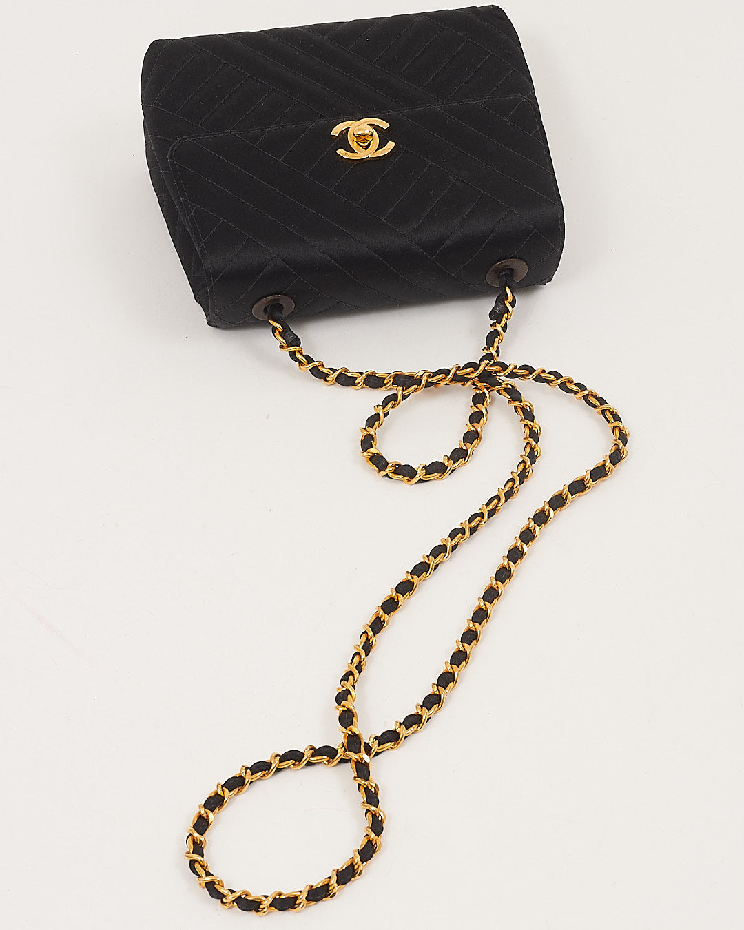 Chanel Black Satin 24K Gold Plated Vintage Square Flap Bag