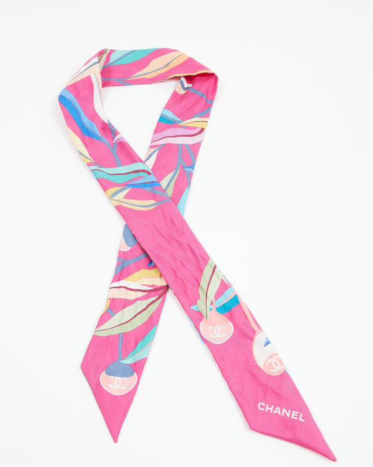 Chanel Pink Silk Multicolour Leaves Print Twilly Scarf