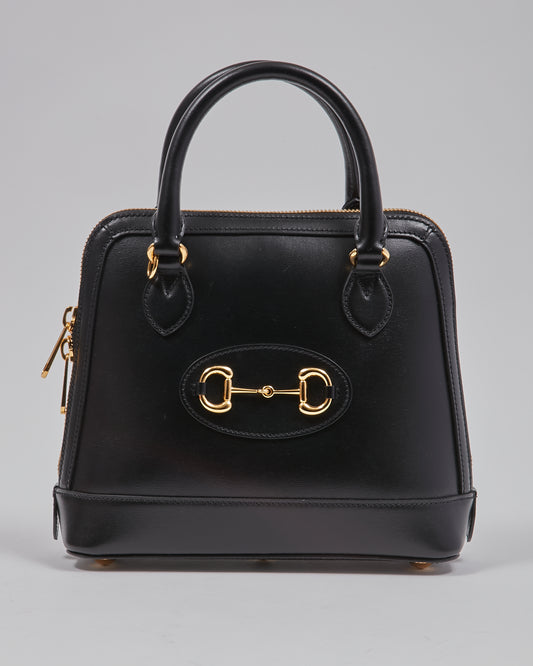 Gucci Black Smooth Leather Small Horsebit 1955 Top Handle Bag