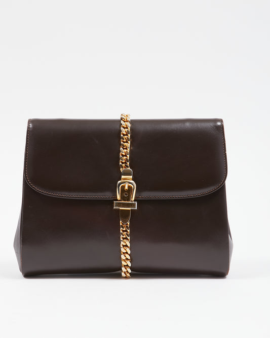 Gucci Vintage Brown Leather Gold Buckle Chain Shoulder Bag