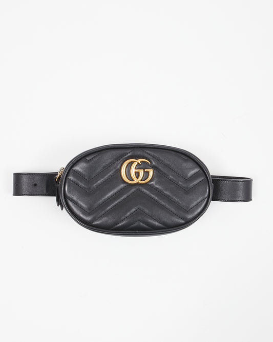 Gucci Black Leather GG Marmont Matelasse Belt Bag - 65/XXS