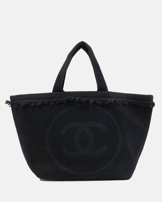 Sac fourre-tout de plage avec logo CC Terry Fringe noir Chanel