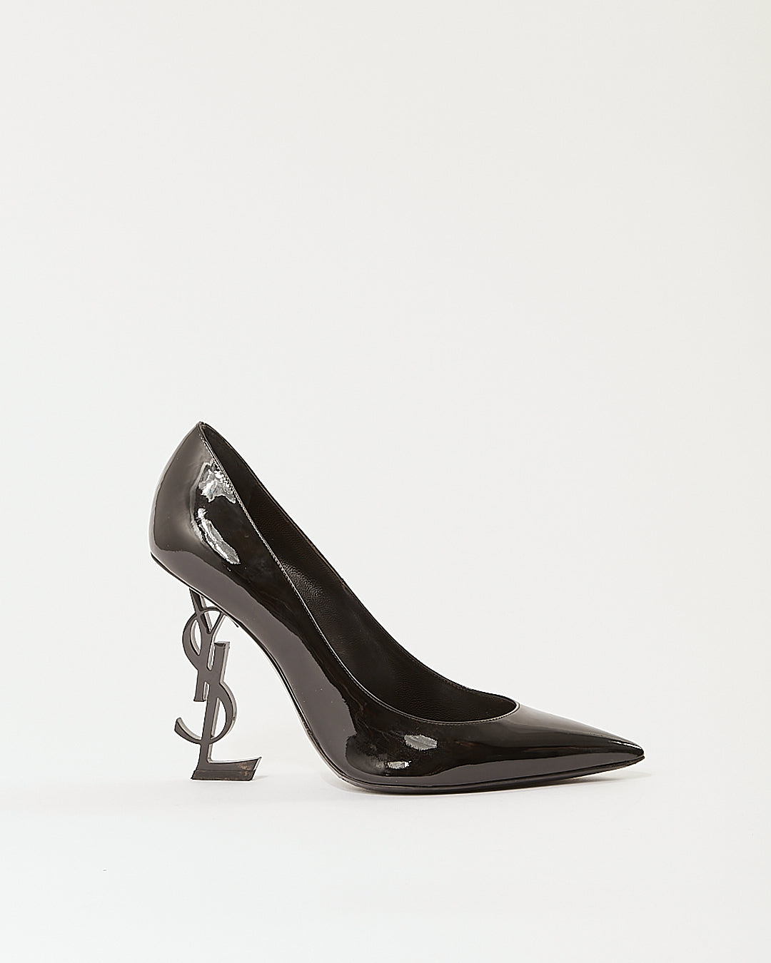 Saint Laurent Black Patent Leather Logo Heel Point Toe Pumps - 38