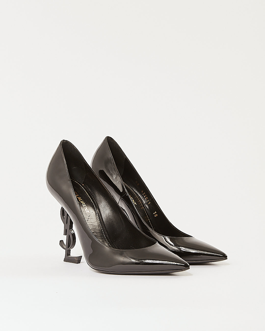 Saint Laurent Black Patent Leather Logo Heel Point Toe Pumps - 38