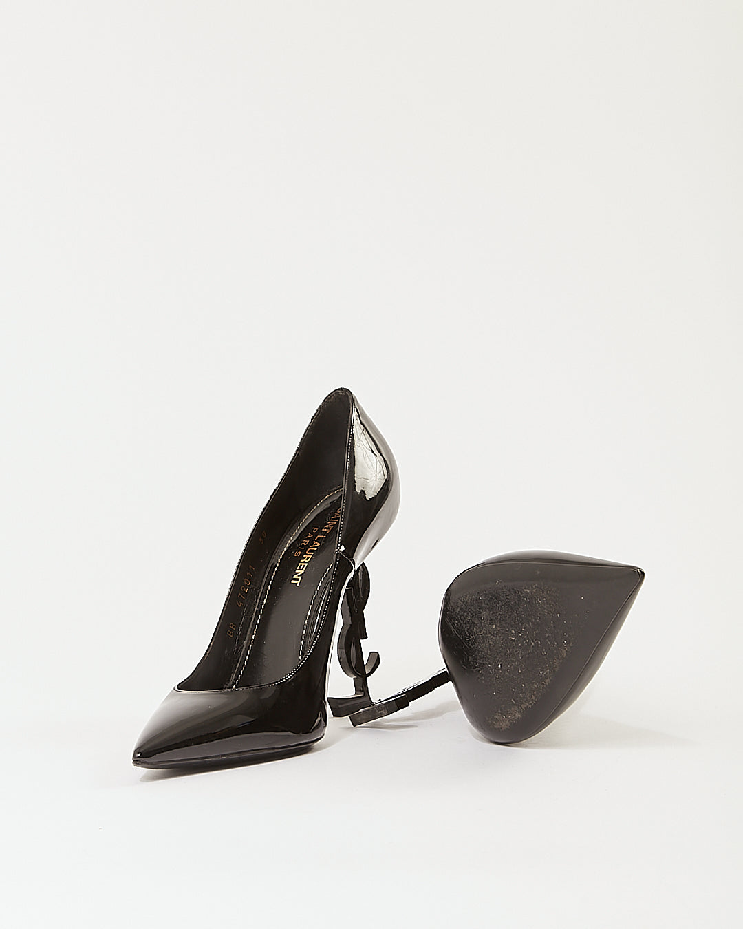 Saint Laurent Black Patent Leather Logo Heel Point Toe Pumps - 38