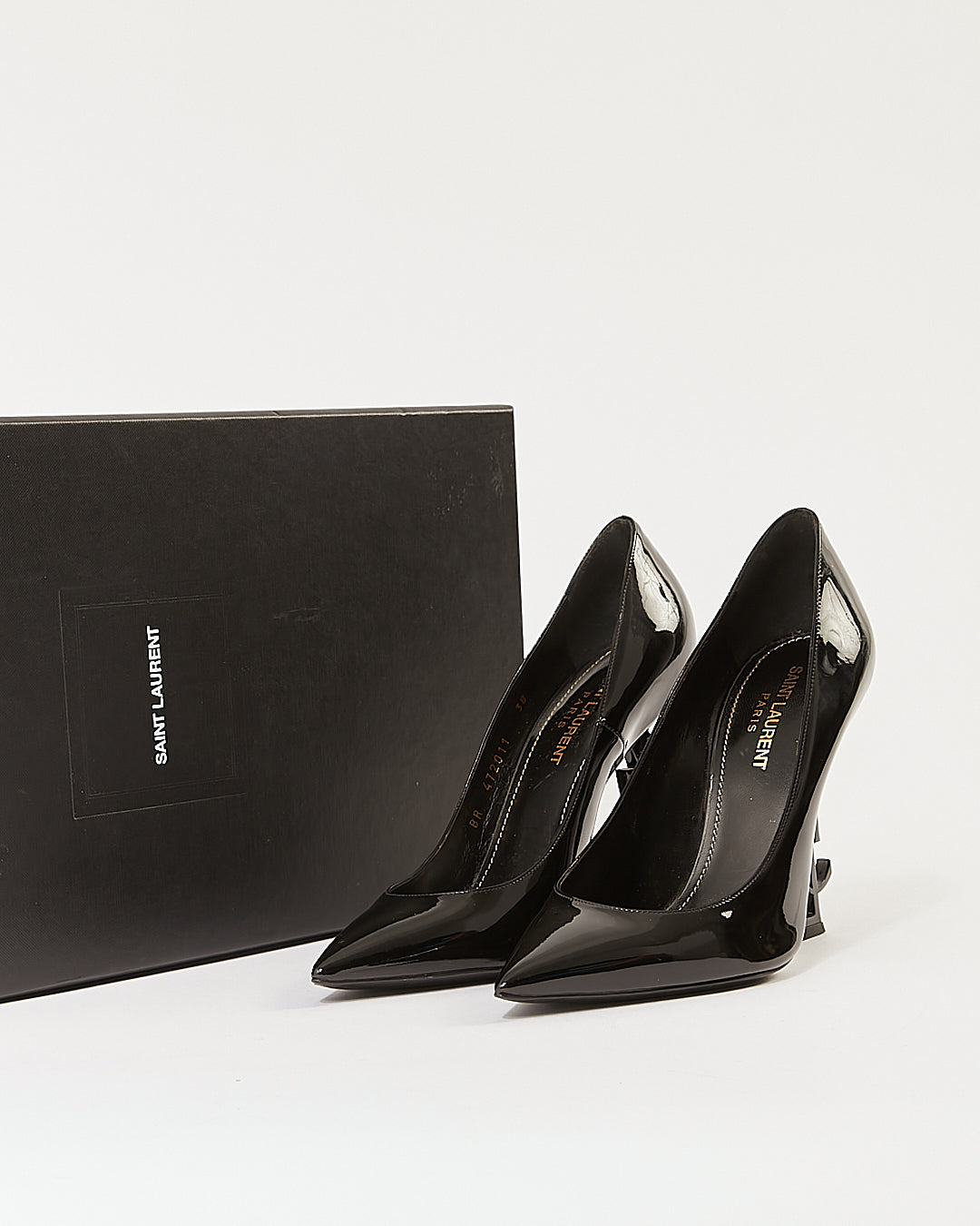 Saint Laurent Black Patent Leather Logo Heel Point Toe Pumps - 38