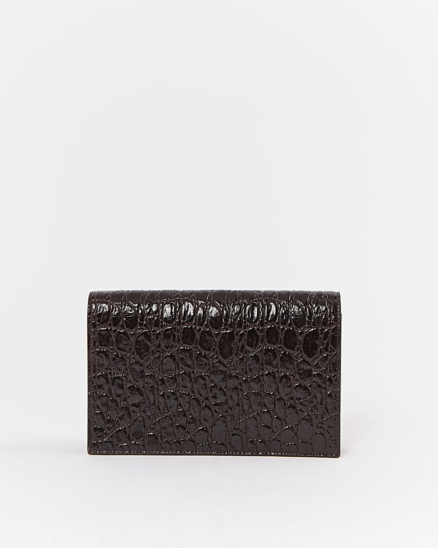 Saint Laurent Portefeuille avec logo à pompon en cuir embossé croco marron foncé sur chaîne